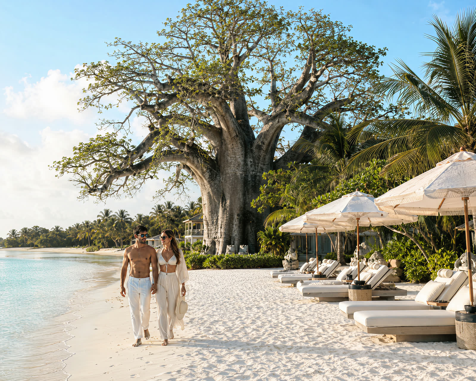 The resort's beachfront: white sand and sun loungers under umbrellas at the ocean's edge