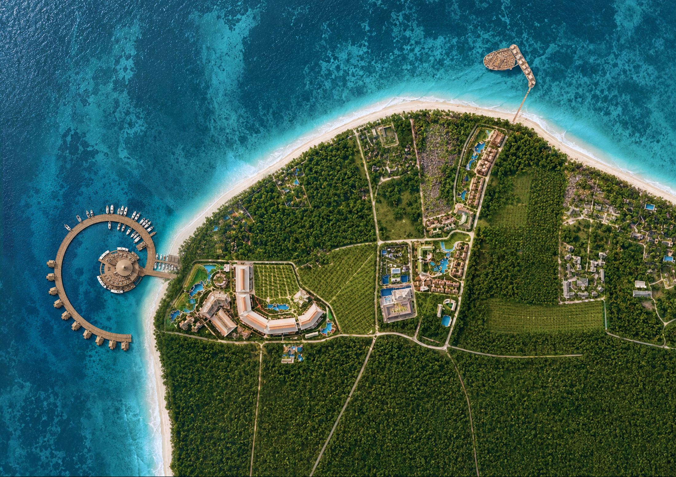 Aerial view of the cluster master plan: a spiral pier with an over-water restaurant, the beachfront, hotel zones and the beach club amid greenery