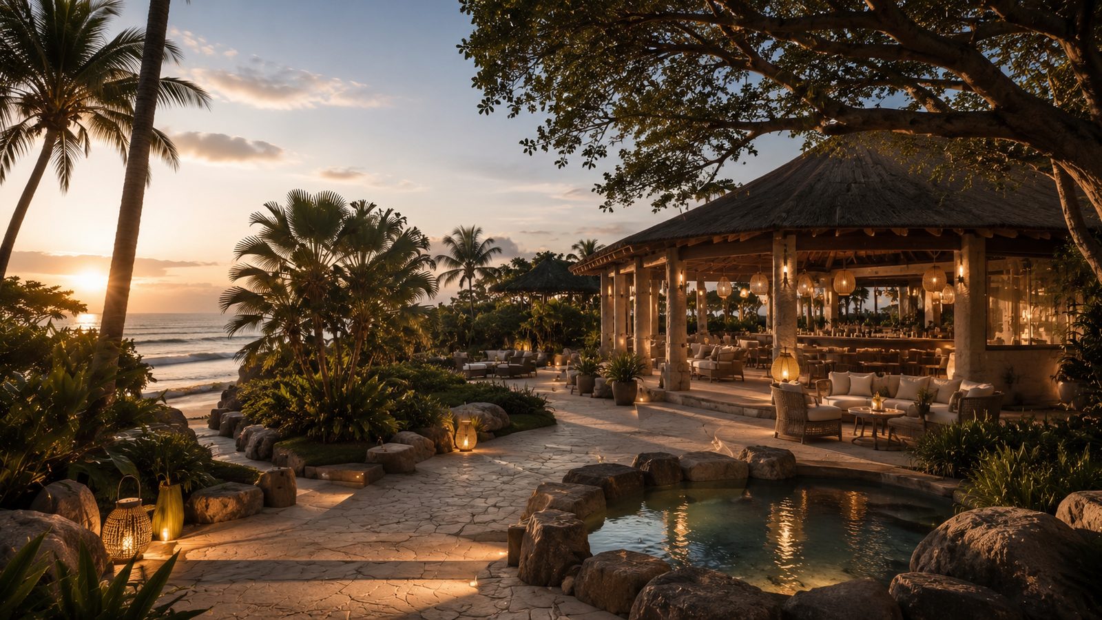 The hotel's evening restaurant pavilion by the ocean in warm lighting