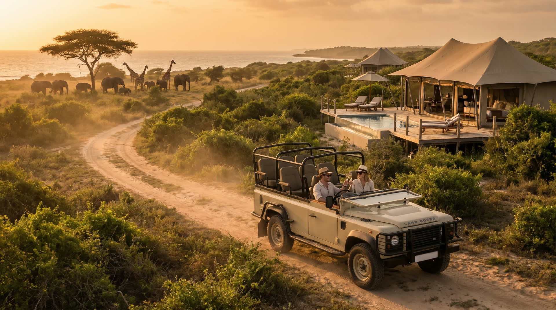Safari in Tanzania: a jeep among giraffes and elephants at sunset